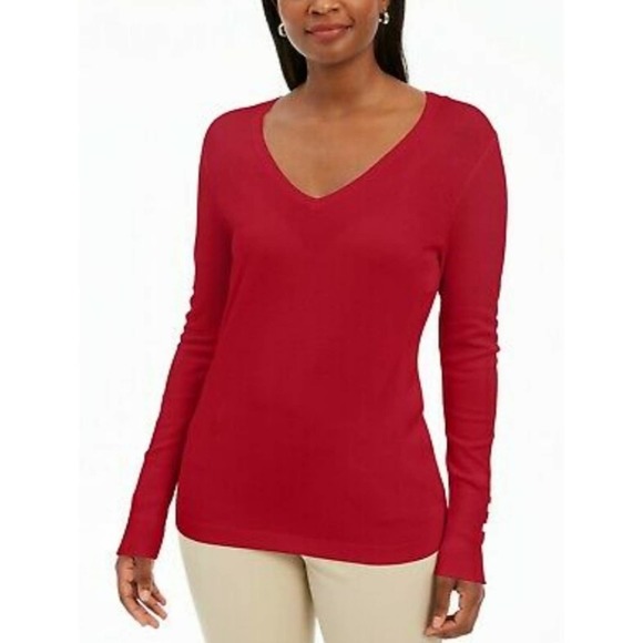 JM Collection Button Cuff V Neck Sweater Red S - Picture 1 of 12